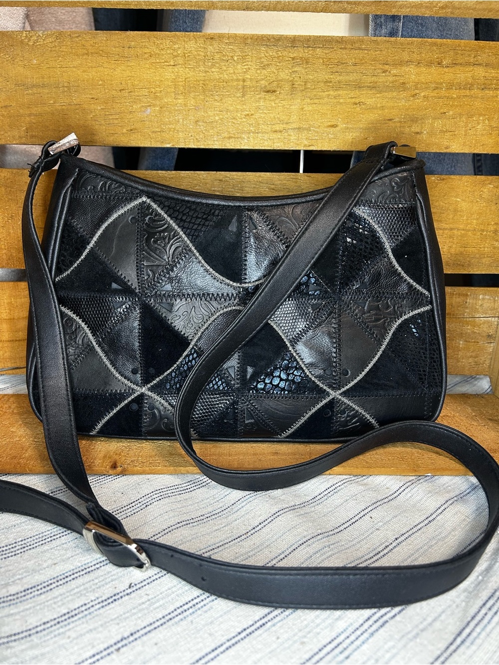 FRANKIE & JOHNNIE LEATHER PATCHWORK CROSS BODY SHOULDER BAG